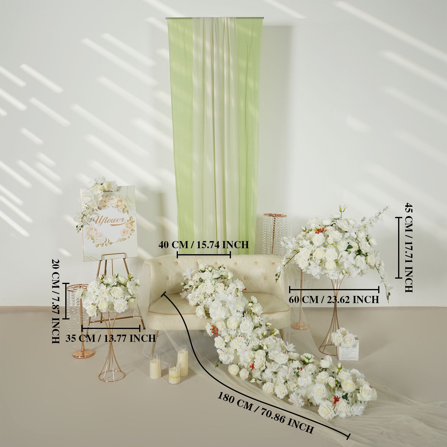 Uflower White Rose Table Runner Sofa Floral Wedding Backdrop Decor